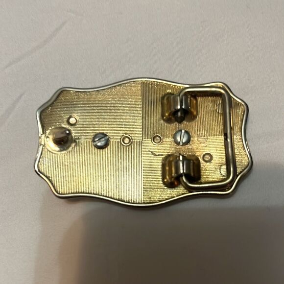 Vintage Western Etched Silvertone Goldtone Green Stone Jade? Belt Buckle 1970s? - Picture 3 of 7